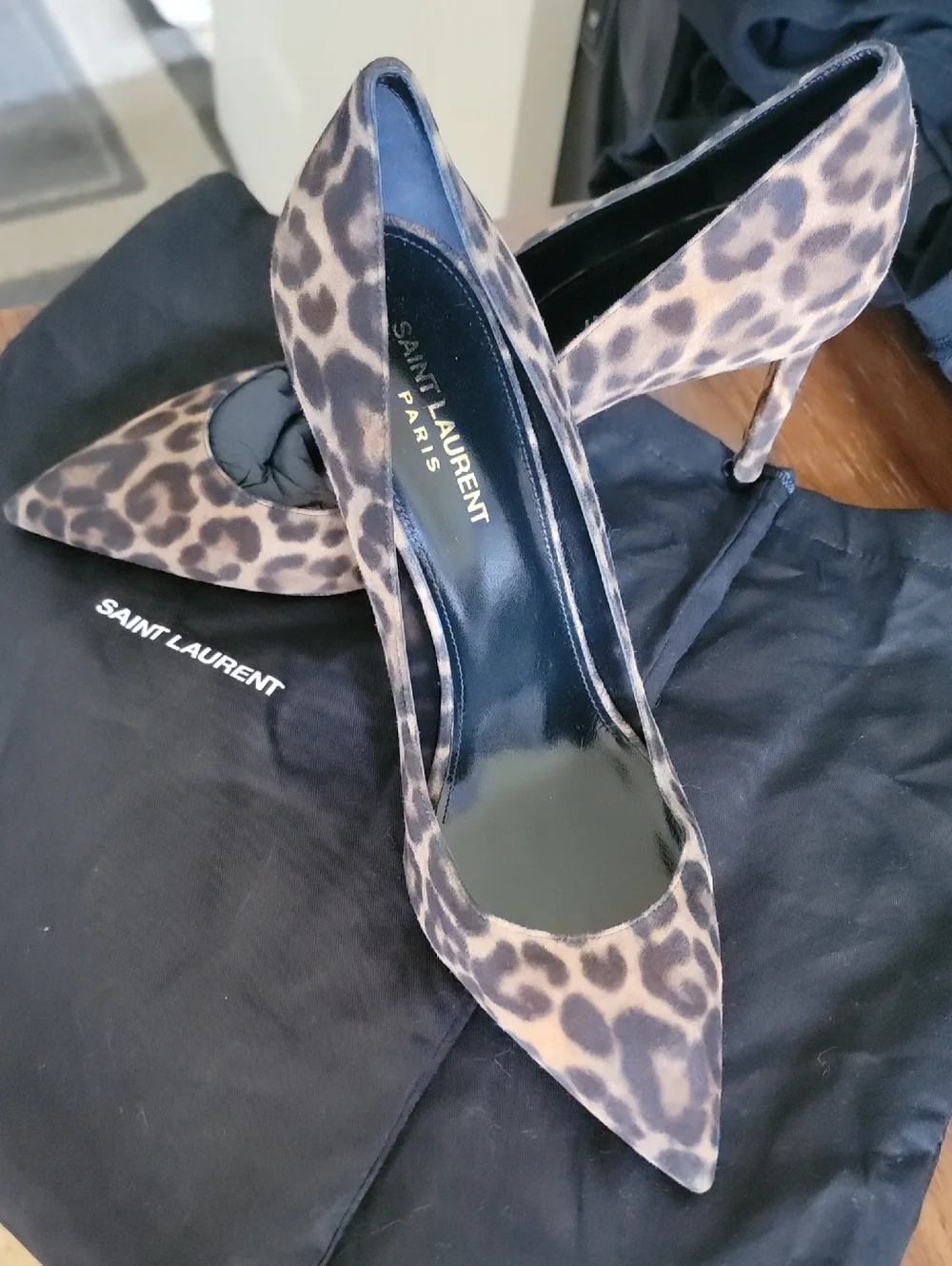Saint Laurent PARIS Anja Leopard Suede Pointed Toe Pumps - Brown/Black - Picture 1 of 10